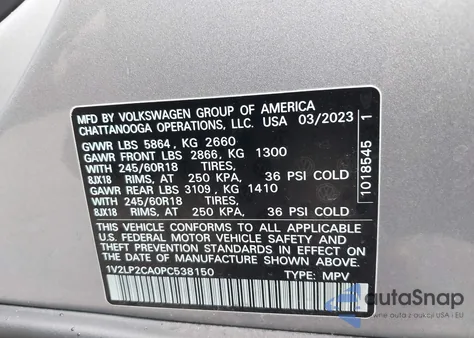 2023 Volkswagen Atlas 2.0T Se from USA, damaged, VIN 1V2LP2CA0PC538150